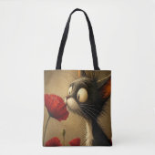 Tas, Zwarte & Witte Kat Rode Bloem Tote Bag (Voorkant)