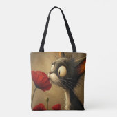 Tas, Zwarte & Witte Kat Rode Bloem Tote Bag (Achterkant)