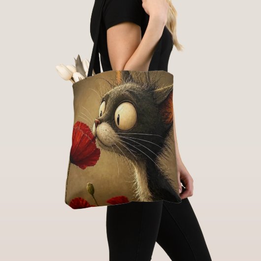 Tas, Zwarte & Witte Kat Rode Bloem Tote Bag (Dichtbij)