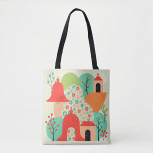 Tasje met fantasierijk dorpsontwerp en bloemen tote bag