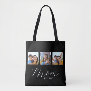 Tasje met 'Mom Established Script Black 3 Photo' Tote Bag