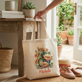 Tasje met naam Geel/oranje bloeiende cactus Tote Bag