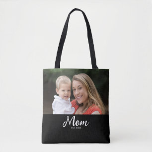 Tasje met zwarte foto en tekst 'Mom Established Sc Tote Bag