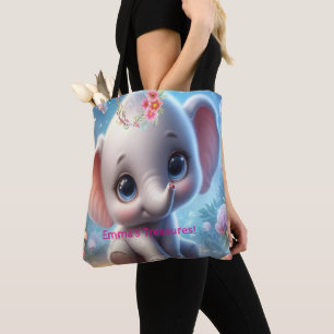 Tasje, Schattige Baby Witte Olifant Bloemen Tote Bag