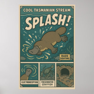 Tasmanian Platypus Splash Retro Art Poster