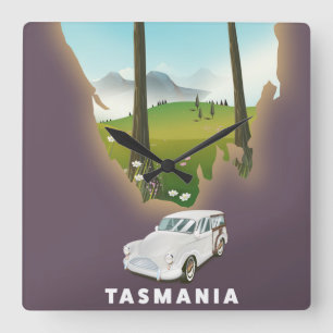 Tasmanië geïllustreerde kaart reisposter. vierkante klok
