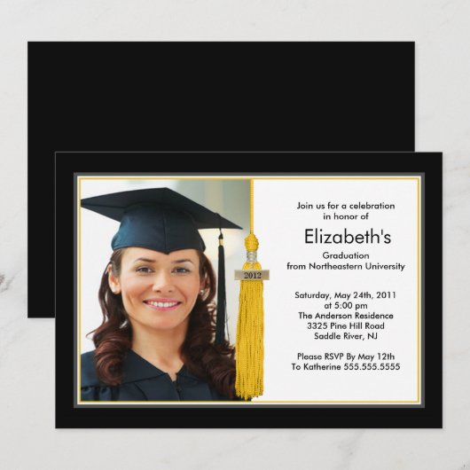 Tassel Photo Afstuderen Invitation Black & Gold Kaart (Voorkant / Achterkant)