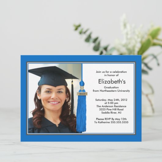 Tassel Photo Afstuderen Invitation Blue & White Kaart (Staand voorkant)