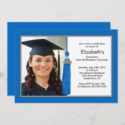 Tassel Photo Afstuderen Invitation Blue & White Kaart (Voorkant / Achterkant)