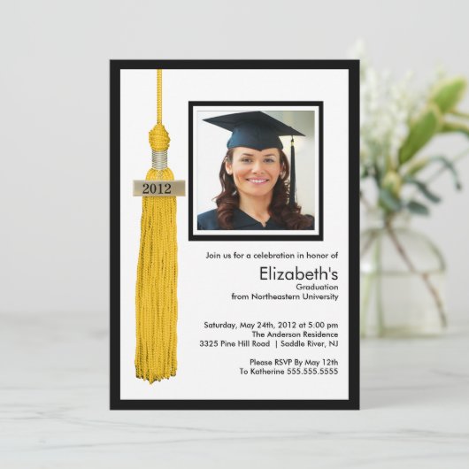 Tassel Photo Afstuderen Invitation Gold & White Kaart (Staand voorkant)