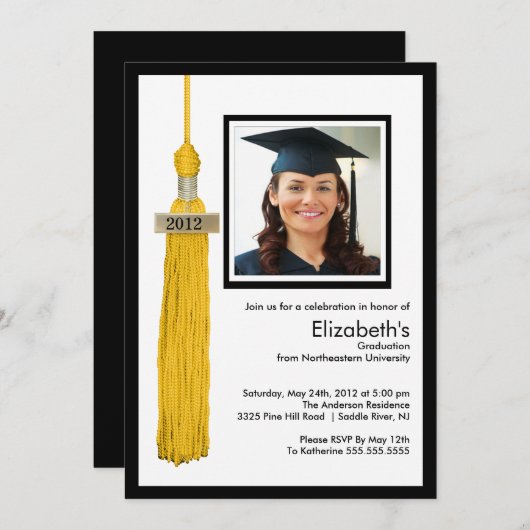 Tassel Photo Afstuderen Invitation Gold & White Kaart (Voorkant / Achterkant)