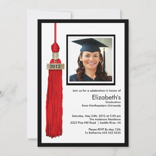 Tassel Photo Afstuderen Invitation Red & White Kaart (Voorkant)