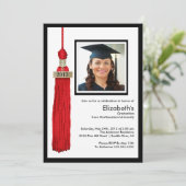 Tassel Photo Afstuderen Invitation Red & White Kaart (Staand voorkant)