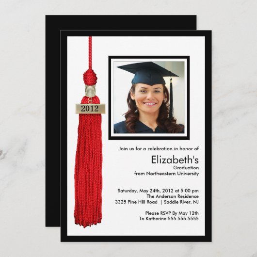 Tassel Photo Afstuderen Invitation Red & White Kaart (Voorkant / Achterkant)