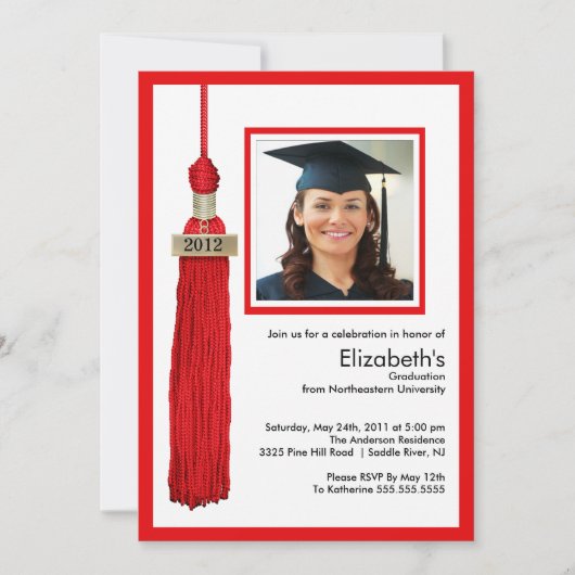 Tassel Photo Afstuderen Invitation Red & White Kaart (Voorkant)