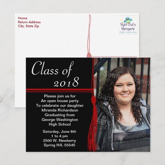 Tassel Red & Black Graduation Party aangekondigd Uitnodiging Briefkaart (Voorkant / Achterkant)