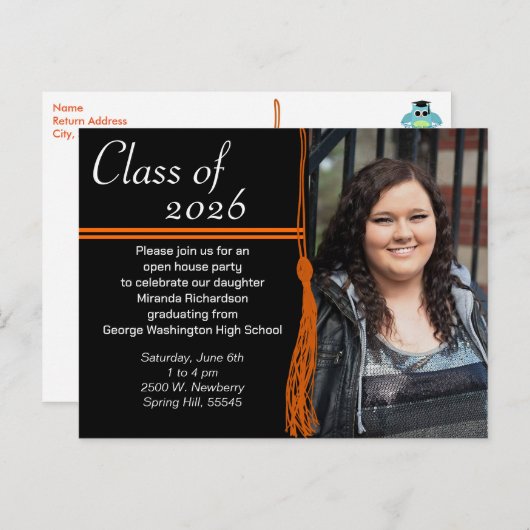 Tassel Sinaasappel & Zwart Afstudeerfeest Uitnodiging Briefkaart (Voorkant / Achterkant)