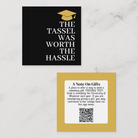 Tassel was het gedoe waard - Afstudeerder Gift QR- Informatiekaartje (Voorkant / Achterkant)