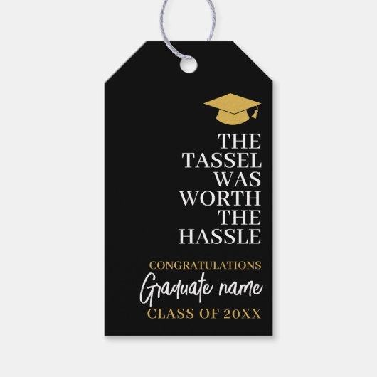 Tassel was het gedoe waard - Modern Afstuderen Cadeaulabel (Voorkant)