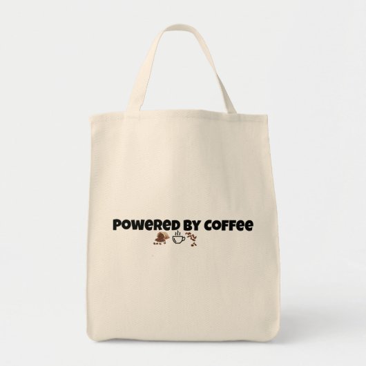 Tassen met de tekst 'Powered By Coffee', een grapp (Voorkant)