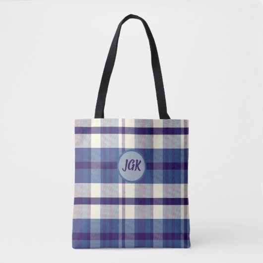 Tassen met eigen monogram in blauwe ruitstof (Voorkant)
