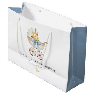 Tassen voor babyfeestje met vintage kinderwagen in groot cadeauzakje