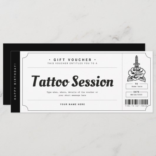 Tatoeage Cadeaubon Ticket Voucher Certificaat Kaart (Voorkant / Achterkant)