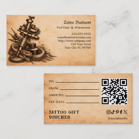 Tatoeage cadeaubon visitekaartje (Voorkant / Achterkant)