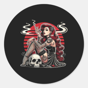 Tatoeage Goth Pin-up Meisje Met Schedel Vintage Ho Ronde Sticker