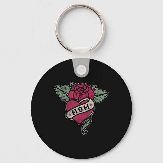 Tatoeage Moeder Hart Rode Roos Motorfiets Sleutelhanger (Voorkant)