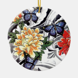 Tatoeage ontwerp van gele pioen en vlinder keramisch ornament