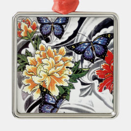 Tatoeage ontwerp van gele pioen en vlinder metalen ornament