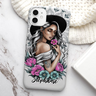 Tatoeage stijl Boho vrouw met neon bloemen op maat iPhone 15 Case