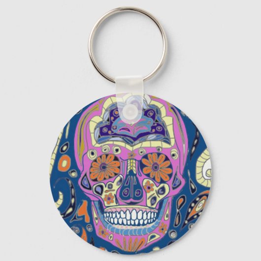 Tatoeage Stijl Gebombeerde Schedel Sleutelhanger (Voorkant)