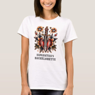 Tatoeage stijl hart dolk retro vrijgezellenfeest t-shirt