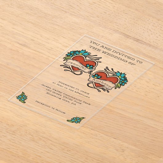 Tatoeagehart Tattoo Grafische Trouwdag Acryl Uitnodigingen (Laagn)