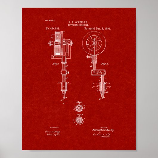 Tatoeagemachinepatent - Burgundy Red Poster (Voorkant)