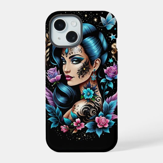 Tatoeages en Rozen iPhone 15 Case (Achterkant)