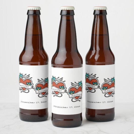 Tatoeëerde harten, Tattoo Graphic Wedding Bier Etiket (Flessen)