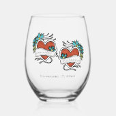 Tatoeëerde harten, Tattoo Graphic Wedding Wijnglas Zonder Voet (Voorkant)