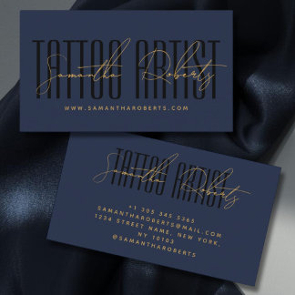 Tatoeëerder moderne typografie script blauw zwart visitekaartje