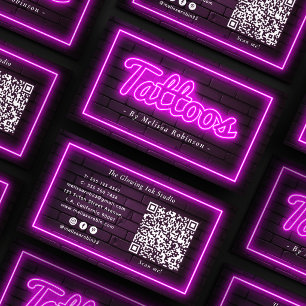 Tatoeëerder Paarse Neon Zwarte Bakstenen Muur QR C Visitekaartje