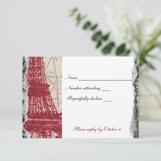 Tattered Red Paris Eiffel Tower rsvp met envelop (Staand voorkant)