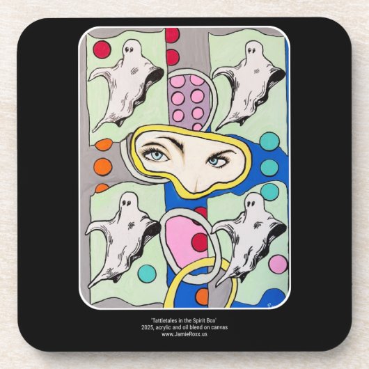 ‘Tattletales in the Spirit Box’ schilderij op een Bier Onderzetter (Voorkant)