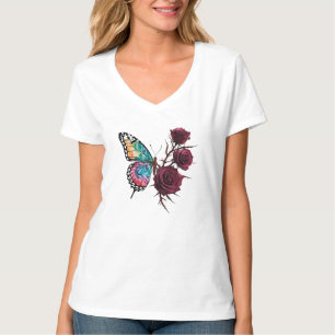 Tattoo Art Butterfly met Rozen – Vrouwen V-hals T-shirt