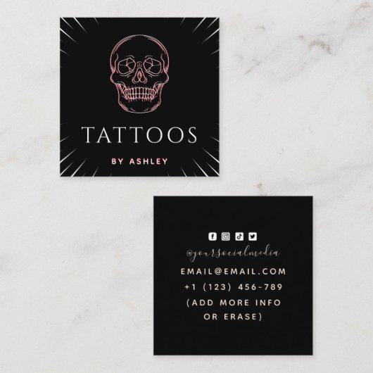Tattoo artiest Neon Skull Schattige Minimal Social Vierkante Visitekaartje (Voorkant / Achterkant)
