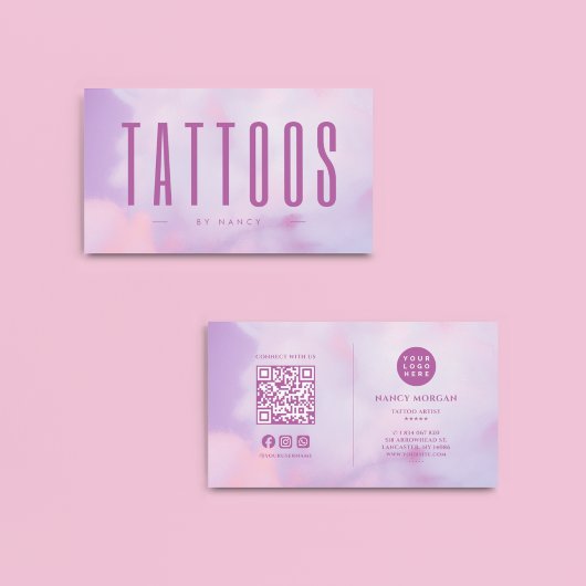 Tattoo Artiest QR Code & Logo Paarse Holografisch Visitekaartje