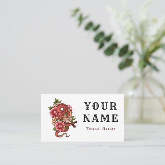 Tattoo Artiest Salon Bloemen Rode Slang Minimal Re Visitekaartje (Staand voorkant)