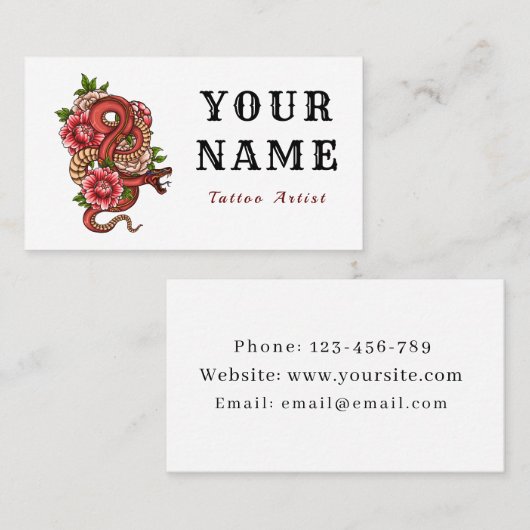 Tattoo Artiest Salon Bloemen Rode Slang Minimal Re Visitekaartje (Voorkant / Achterkant)