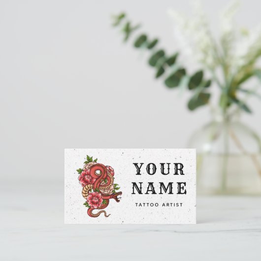 Tattoo Artiest Salon Bloemen Rode Slang Reptiel Wi Visitekaartje (Staand voorkant)